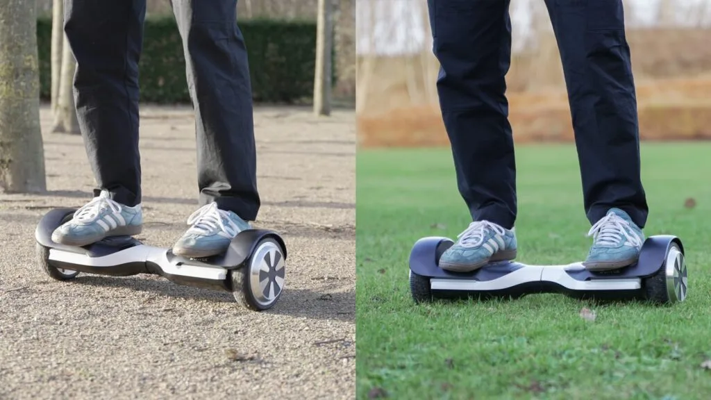 Testing hoverboard on grass and gravel dirt trail