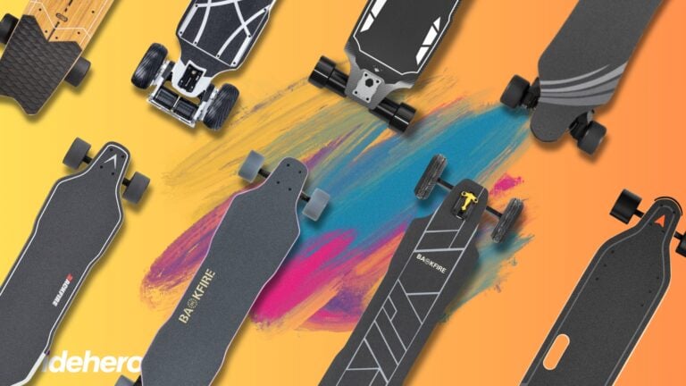 collage of electric skateboards on a colorful background