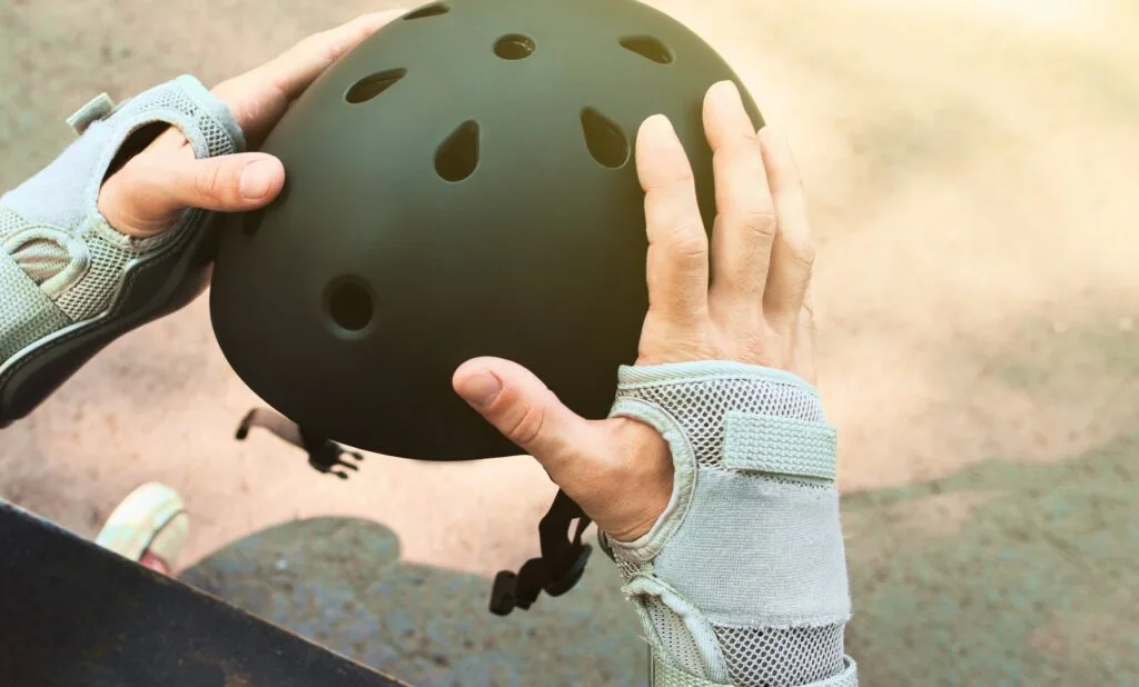 Skater holding a helmet and wearing wrist guards