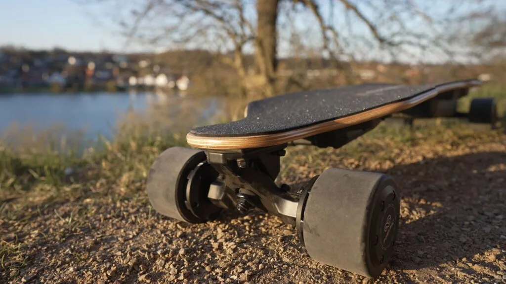 Closeup of electric skateboard trucks