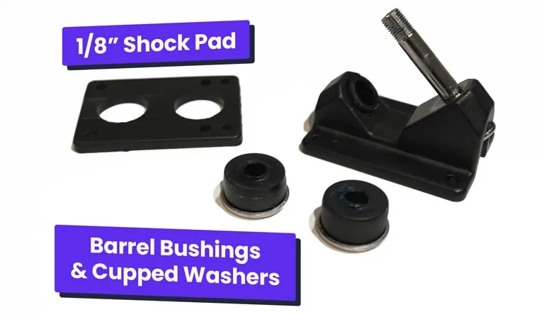 Closeup of bushings, washers, shock pad and baseplate for the trucks on the Lycaon GR 2021