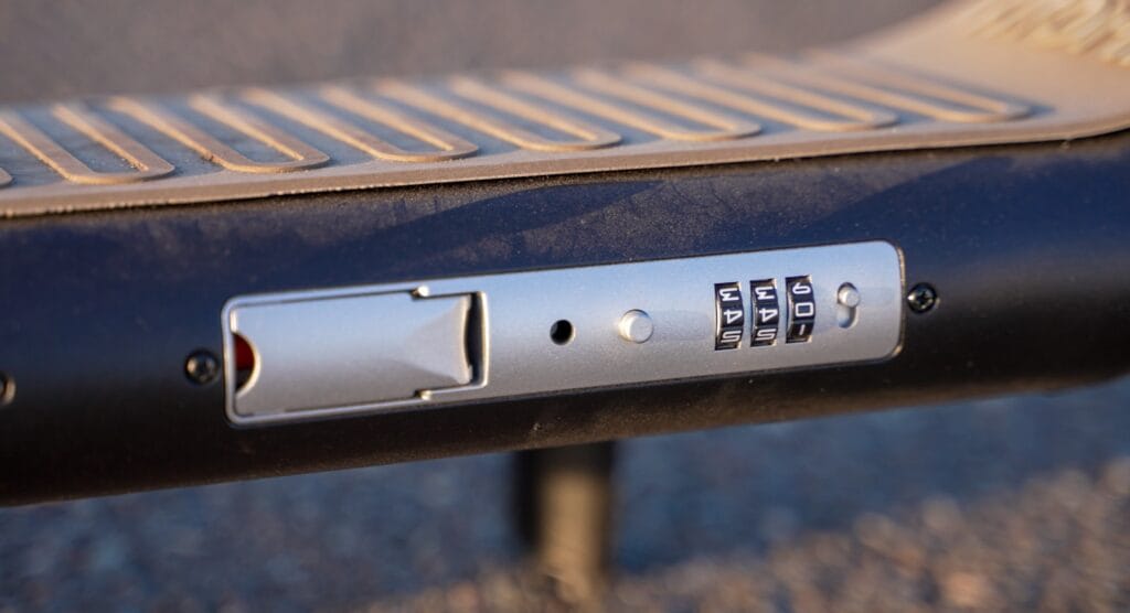 Close-up of the built-in combination lock on the Atomi Alpha