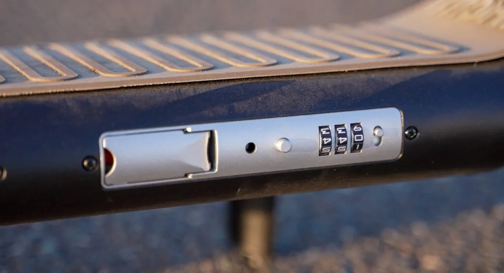 Close-up of the built-in combination lock on the Atomi Alpha