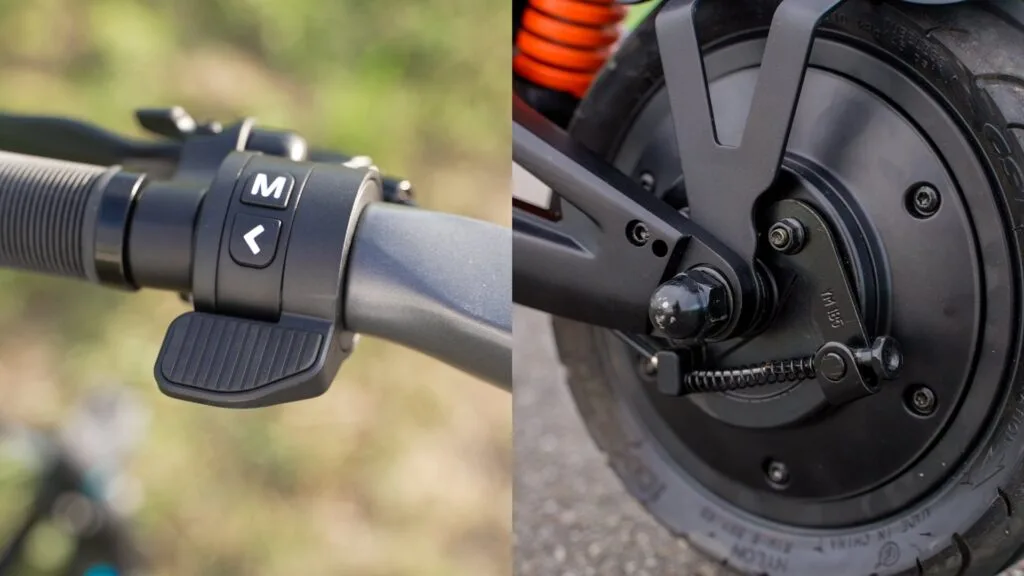 Drum brake closeup and closeup of electronic braking button on the Apollo City Pro 2023