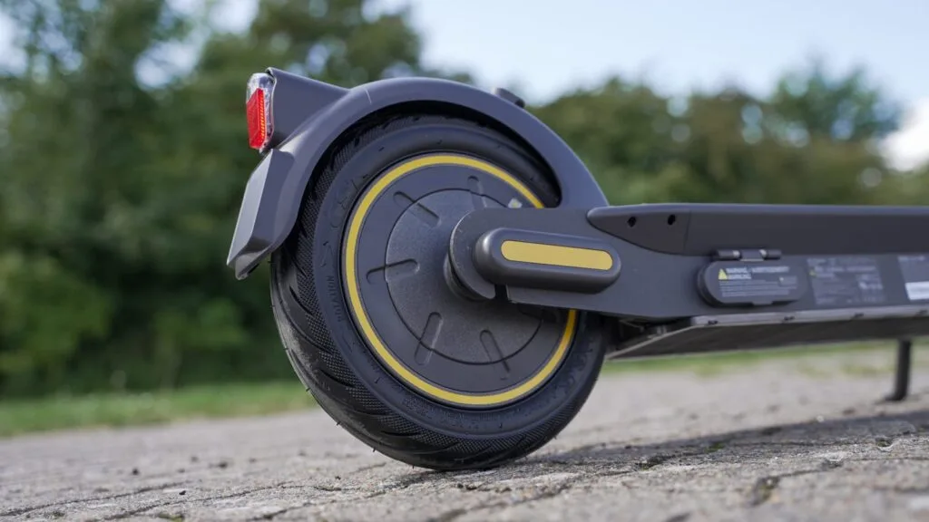 Close-up of rear motor on the Segway Ninebot Max G30P electric scooter