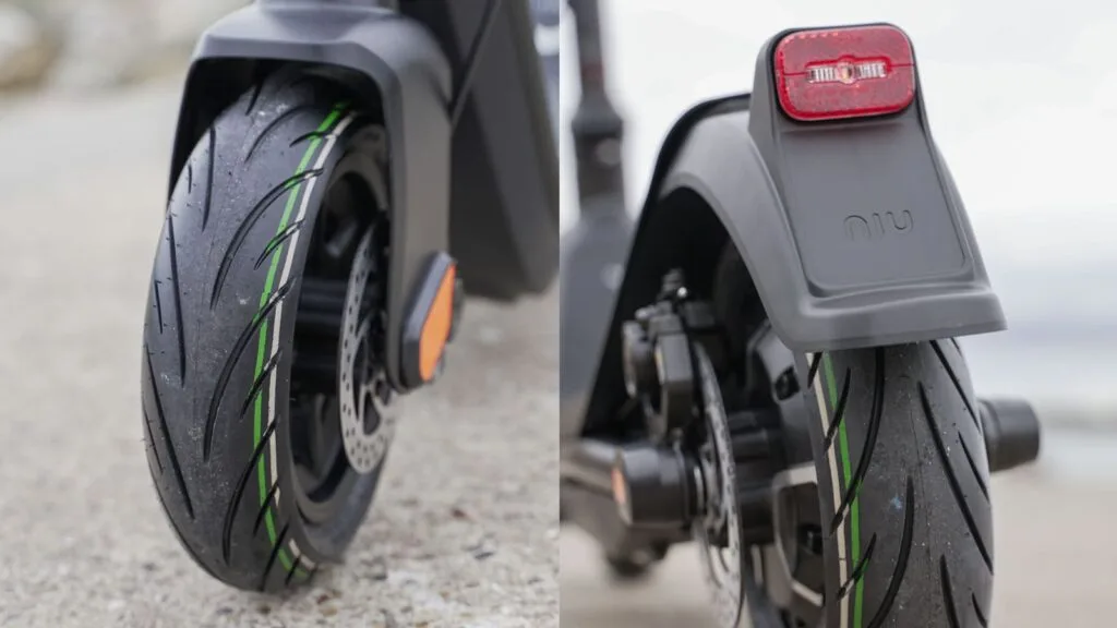 Closeup of the pneumatic tires on the NIU KQi3 Pro