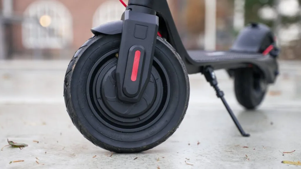Closeup of the front wheel hub motor on the TurboAnt X7 Max electric scooter