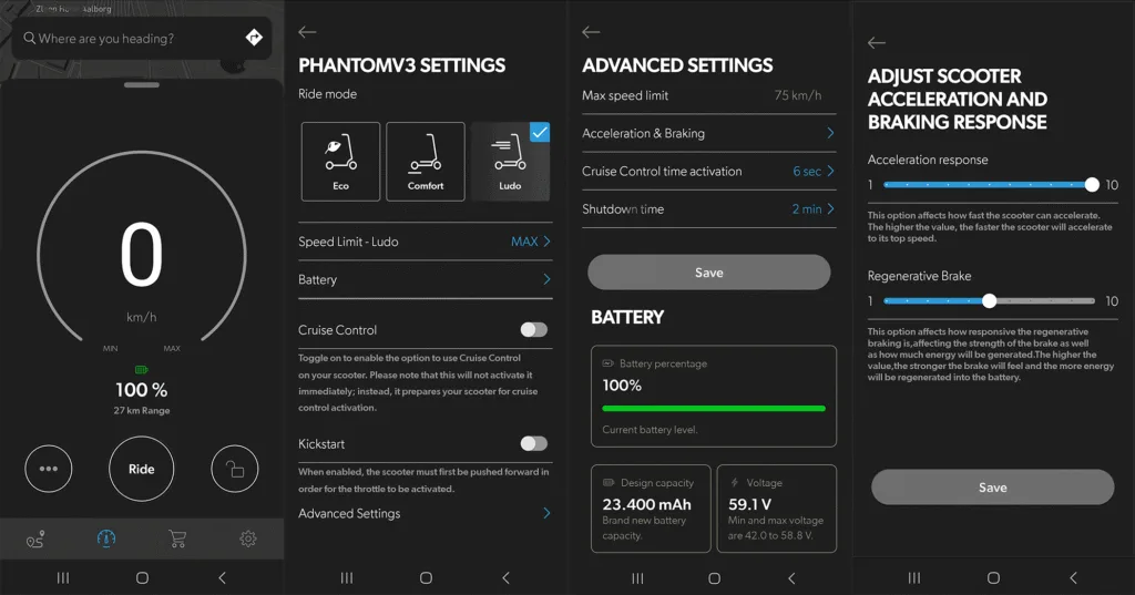Screenshots showcasing the features for the Apollo Phantom V3 from the Apollo Scooters smartphone app
