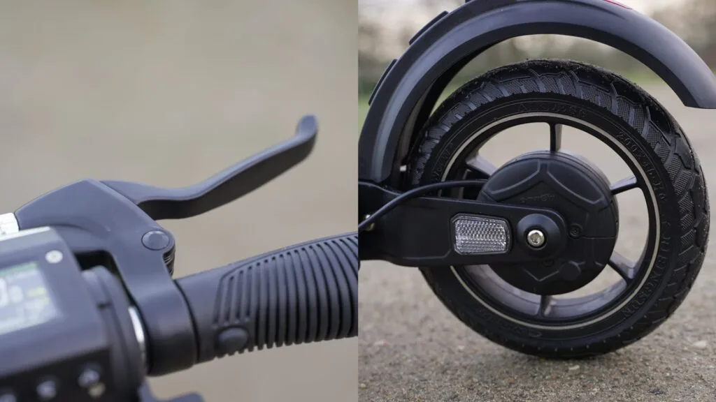 Split image of the Fluid Mosquito with a close-up photo of the drum brake lever on the left and a close-up of the drum brake on the right