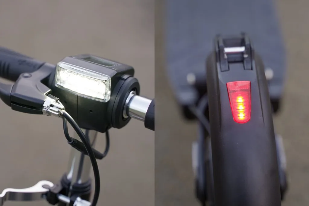 Split image of the Fluid Mosquito with the headlight on the left and the taillight on the right