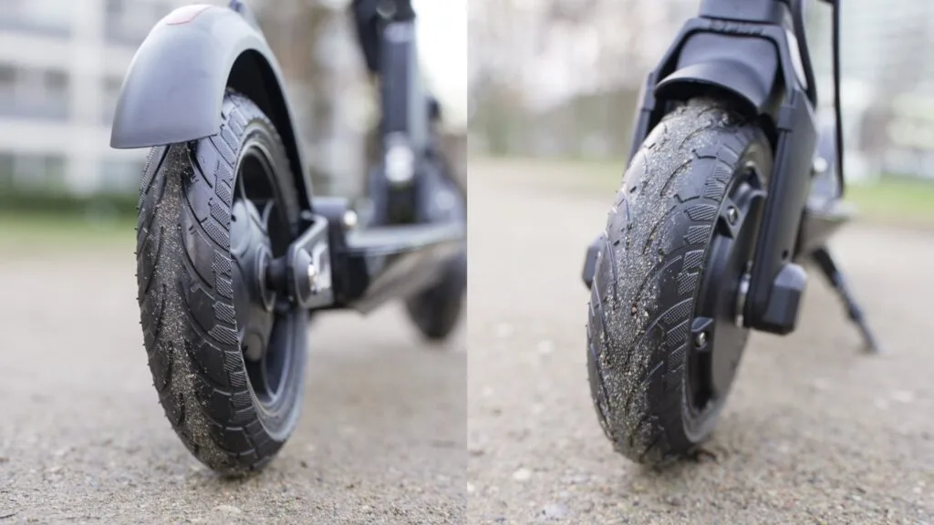 Split image with close-ups of the two solid tires on the Fluid Mosquito with a blurred nature background