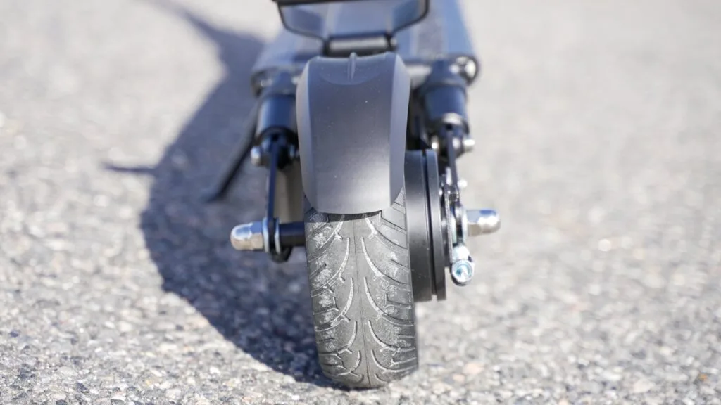Closeup of rear solid tire on Fluid Horizon