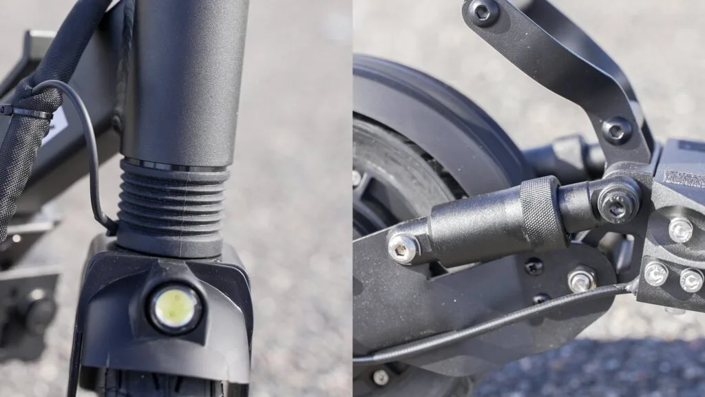 closeup of front and rear spring suspension on Fluid Horizon
