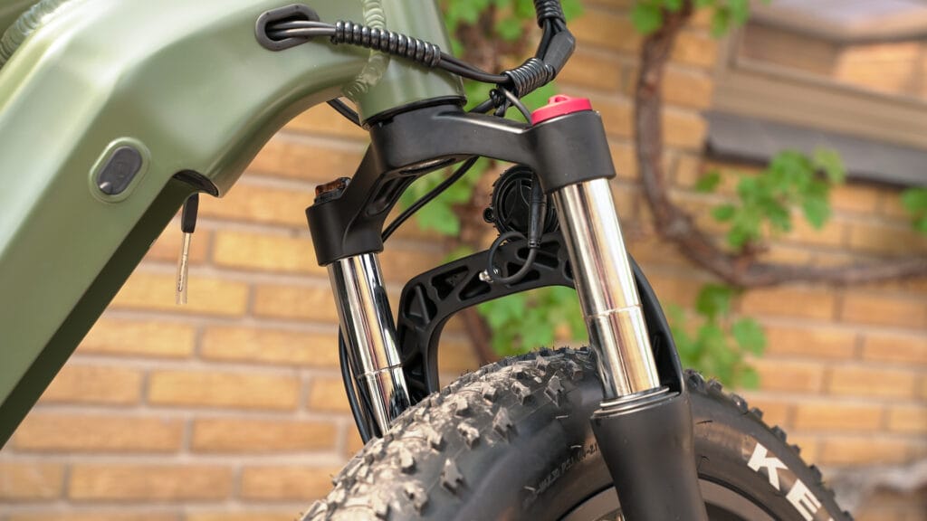 Closeup of the front fork suspension on the Lacros Thunder