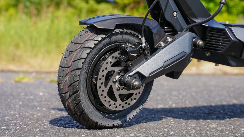 Close up of the front tire and its Nutt disc brake on the Nanrobot N6 72V