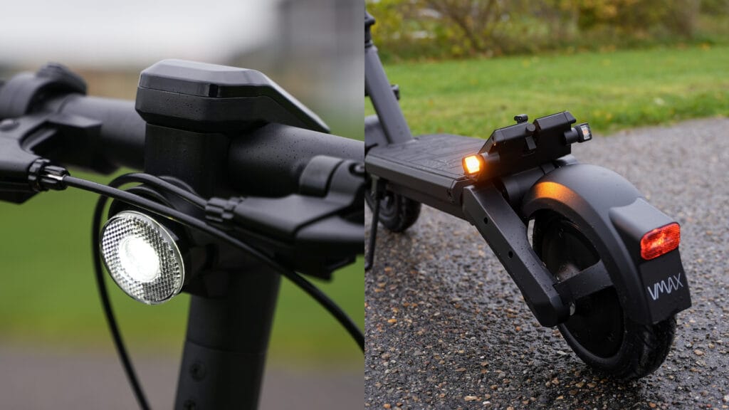 VMAX VX2 Lite headlight next to the lit rear turn signal and brake light